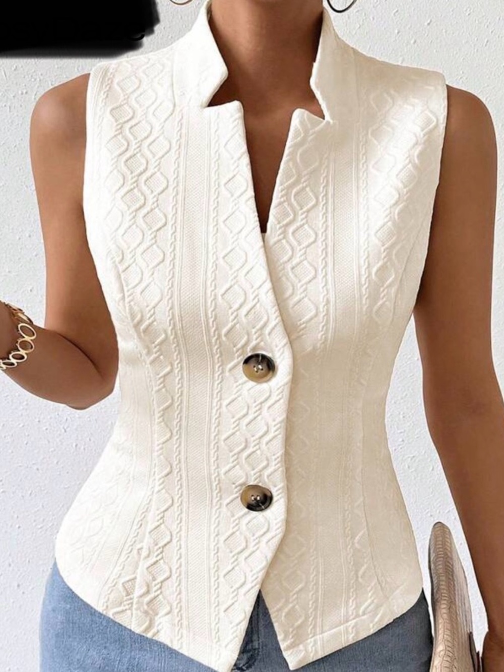 White Textured Vest Sleeveless Button Front